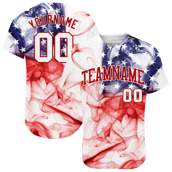 Custom White White-Red 3D American Flag Authentic Baseball Jersey