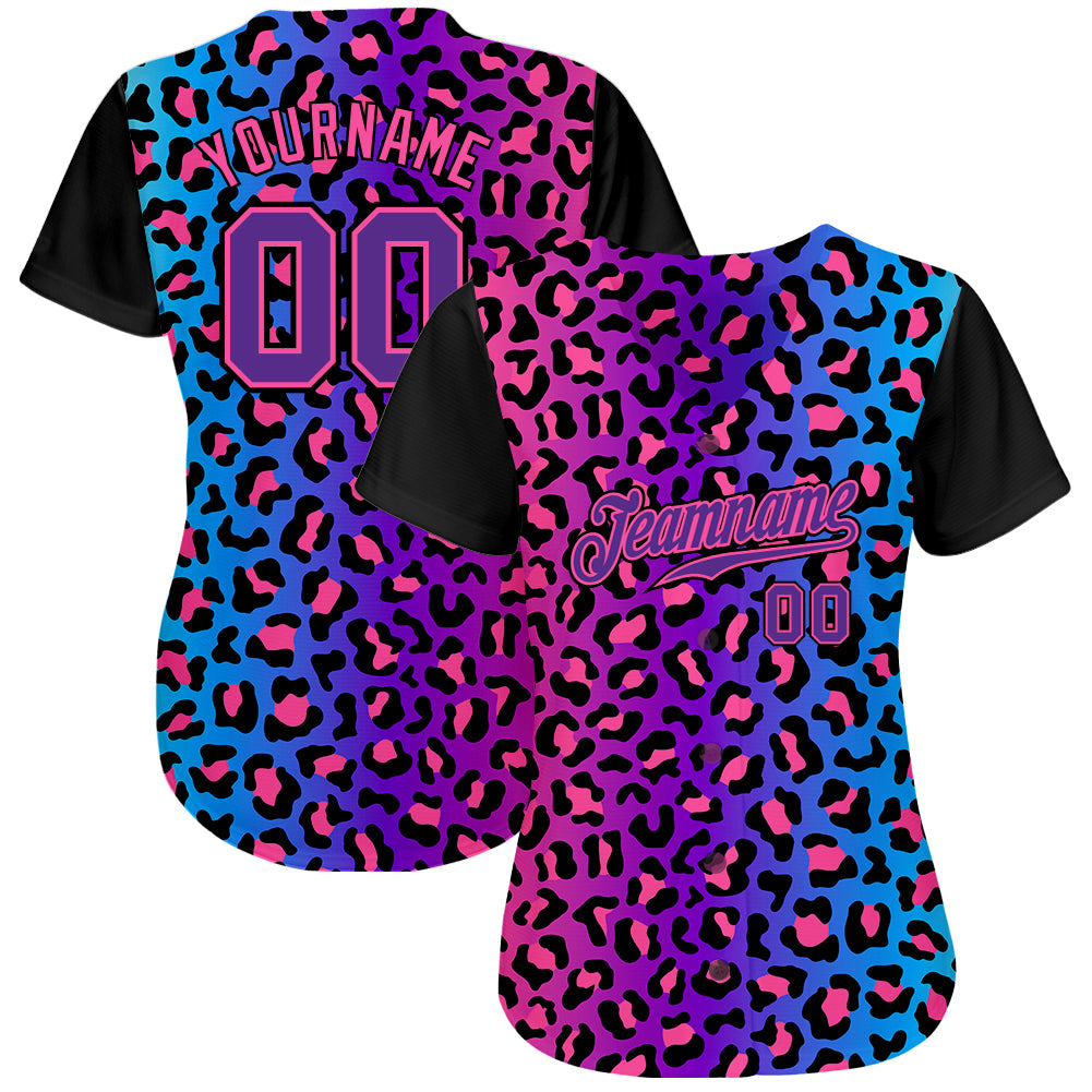 Custom Purple Purple-Pink 3D Pattern Design Leopard Authentic Baseball Jersey