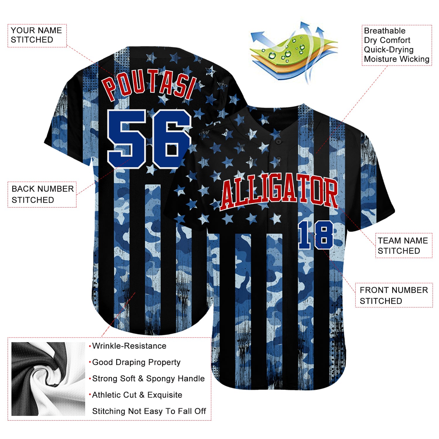 Custom Camo Royal Red-White 3D Salute To Service American Flag Authentic Baseball Jersey