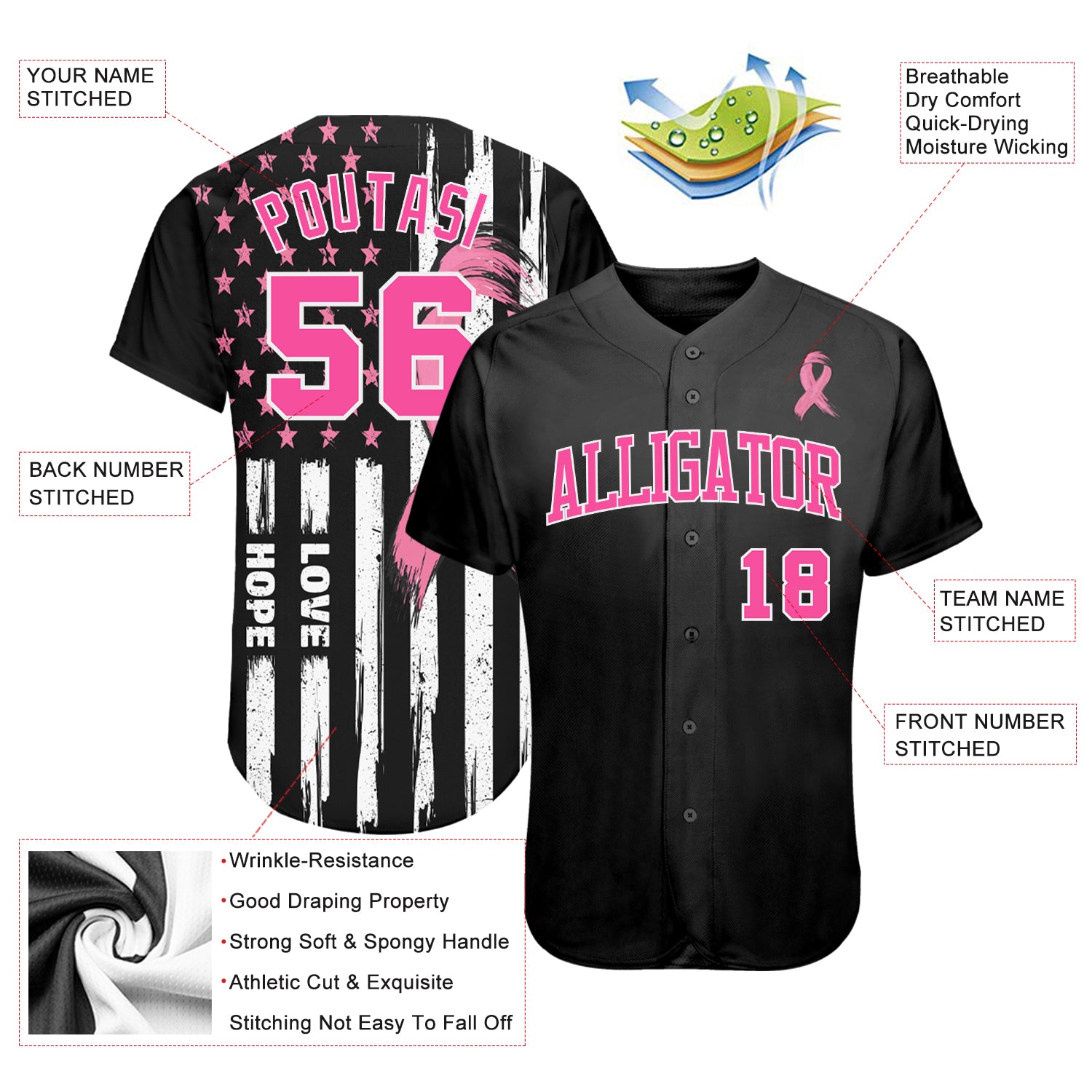 Custom Baseball Jersey 3D American Flag with Pink Ribbon Breast Cancer Awareness Month Women Health Care Support Authentic Men's Size:2XL