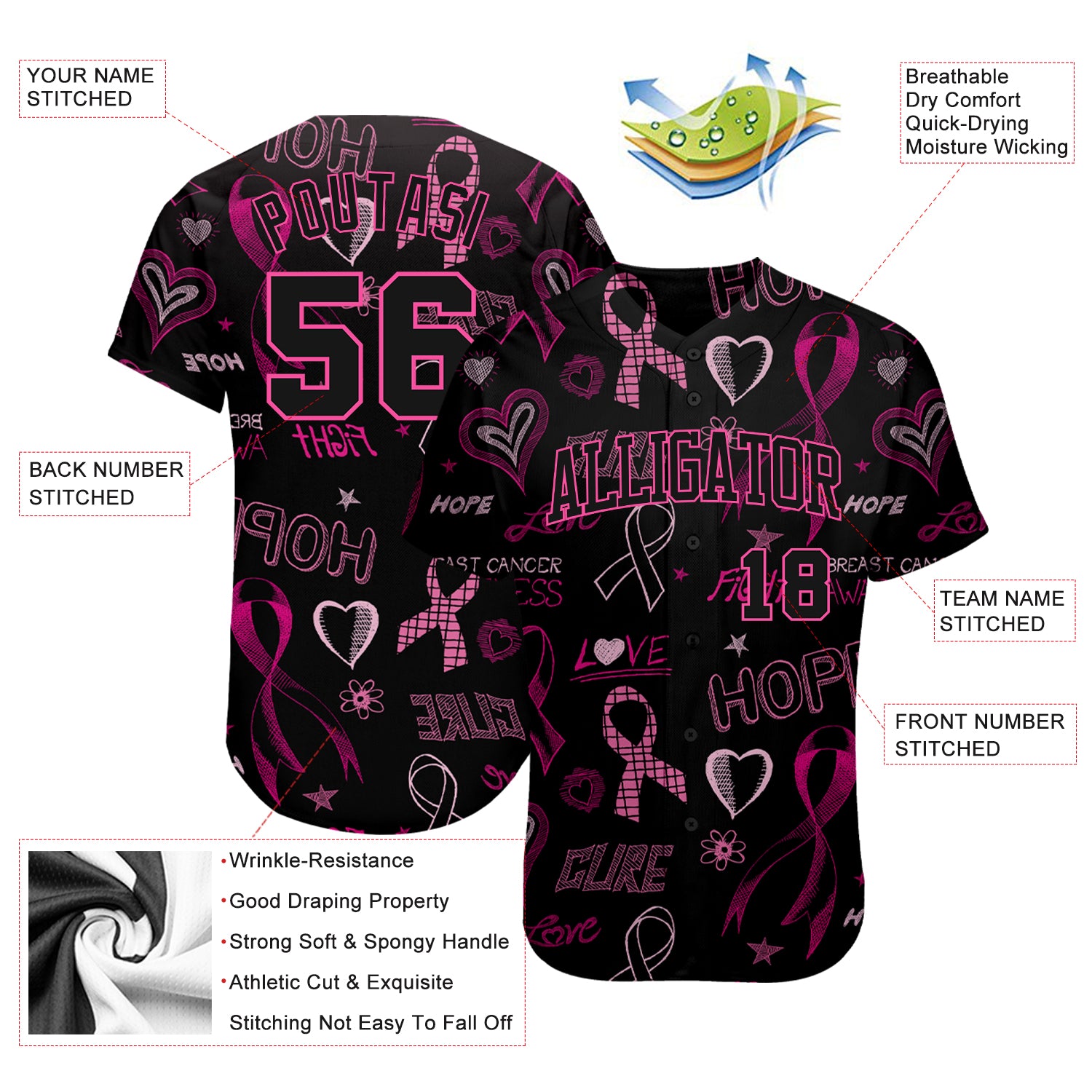 Tippsy LLC Store Personalized Breast Cancer Warrior AOP Baseball Jersey,  Custom Breast Cancer Shirt, Breast Cancer Shirts