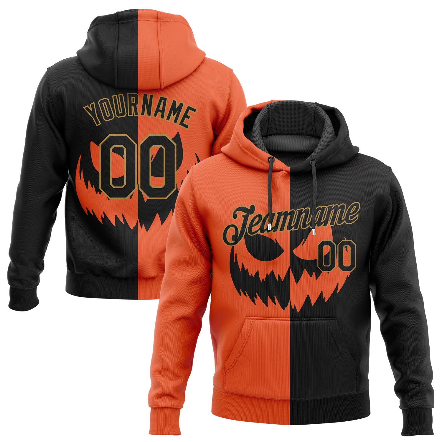 Custom Stitched Orange Black-Old Gold 3D Pattern Scary Faces Of Halloween Pumpkin Sports Pullover Sweatshirt Salute To Service Hoodie