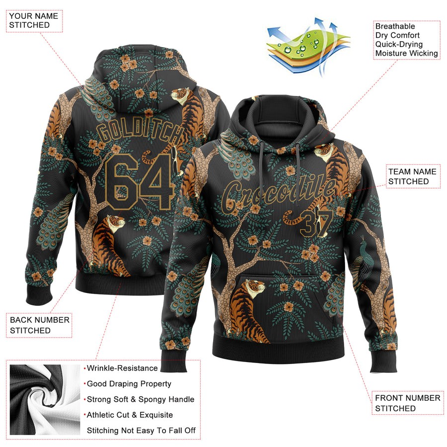 Custom Stitched Black Black-Old Gold 3D Pattern Design Tiger And Peacock Sports Pullover Sweatshirt Hoodie