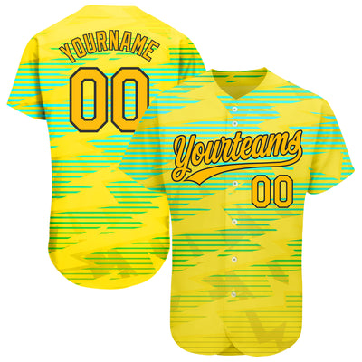 Custom Gold Gold Black-Light Blue 3D Pattern Design Authentic Baseball Jersey