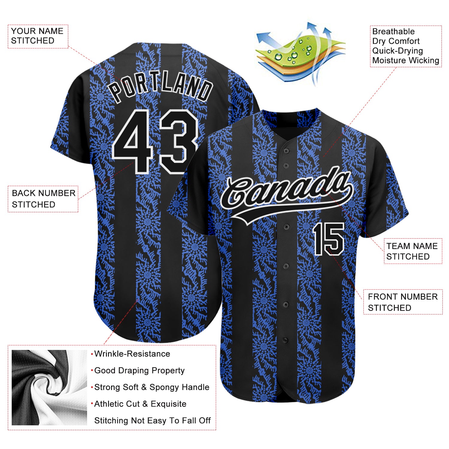 Custom Black Royal-White 3D Pattern Design Authentic Baseball Jersey