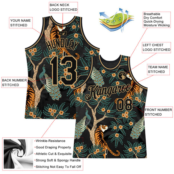 Custom Baseball Jersey Black Midnight Green-Gold 3D Pattern Design Tiger Authentic Men's Size:2XL