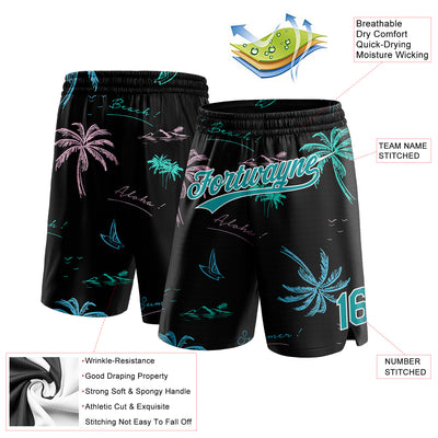 Custom Black Teal-White 3D Pattern Hawaii Palm Trees Authentic Basketball Shorts