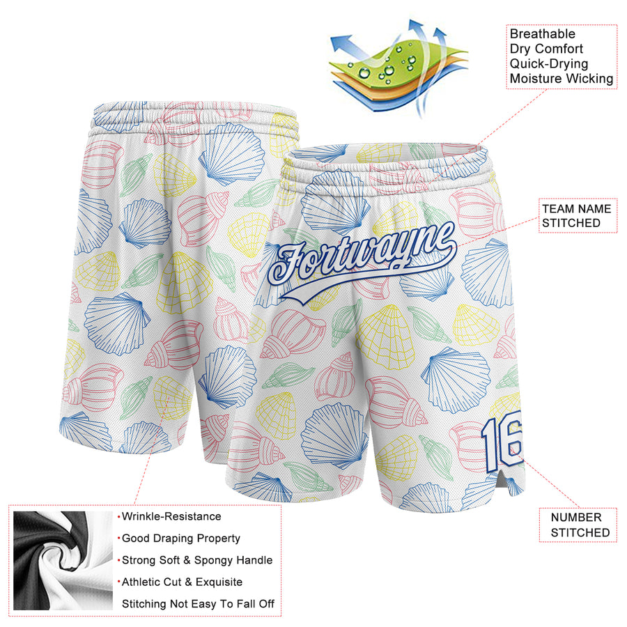 Custom White Royal 3D Pattern Sea Shells Authentic Basketball Shorts