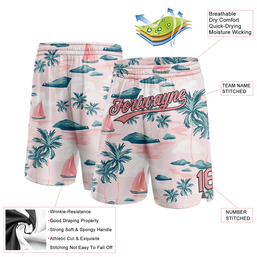 Custom Light Pink Medium Pink-Black 3D Pattern Hawaii Palm Trees And Island Authentic Basketball Shorts