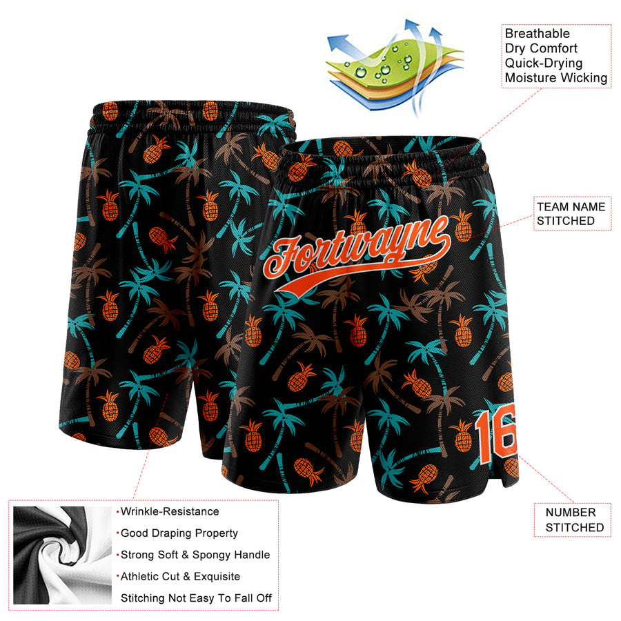 Custom Black Orange-White 3D Pattern Hawaii Palm Trees And Pineapple Authentic Basketball Shorts