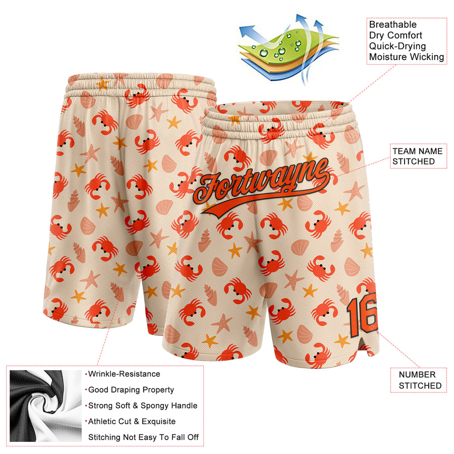 Custom Cream Orange-Black 3D Pattern Crabs Shells And Starfishs Authentic Basketball Shorts