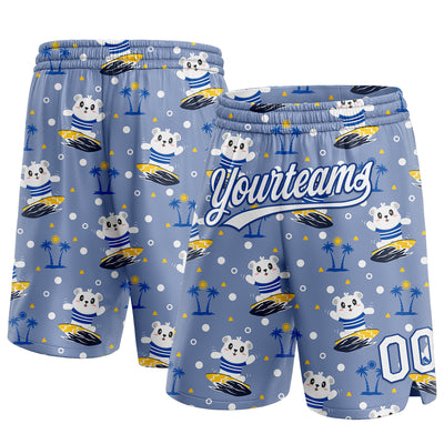 Custom Light Blue White-Royal 3D Pattern Hawaii Palm Trees And Bears Surfing Authentic Basketball Shorts