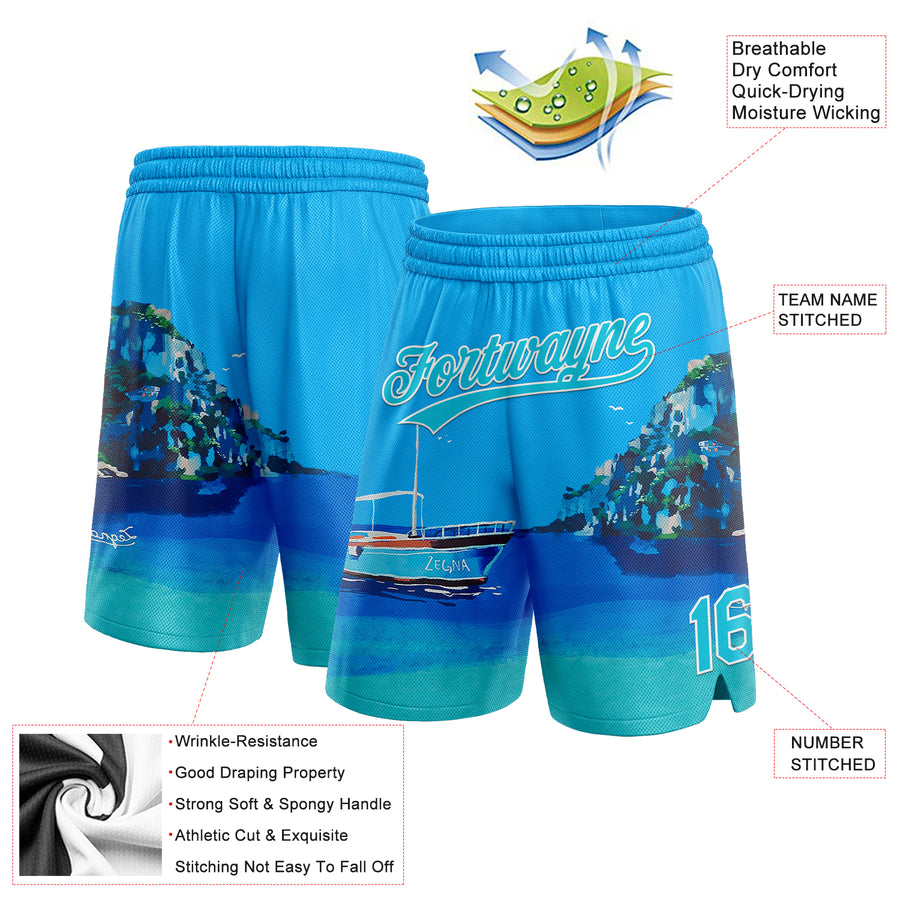 Custom Light Blue Lakes Blue-White 3D Pattern Hawaii Beach Island And Ship Authentic Basketball Shorts