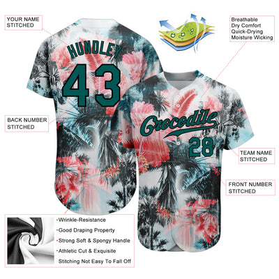 Custom White Midnight Green-Black 3D Pattern Design Hawaii Palm Trees Authentic Baseball Jersey