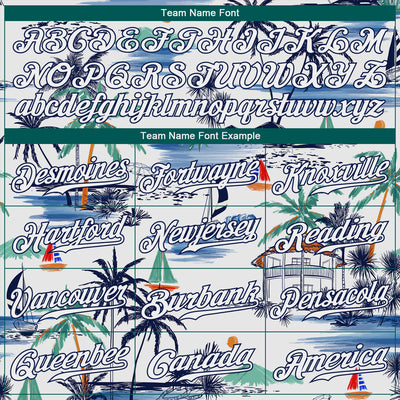 Custom White Navy 3D Pattern Design Hawaii Palm Trees Island And Sailboat Authentic Baseball Jersey