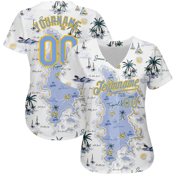 Custom White Light blue-yellow 3D Pattern Design Beach Hawaii Palm Trees and Island Authentic Baseball Jersey Youth Size:S