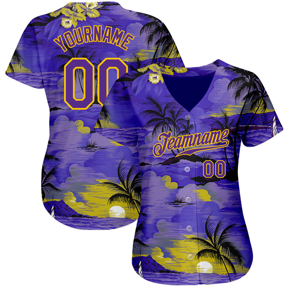 Custom White Powder Blue-Gold 3D Pattern Design Hawaii Palm Leaves and Flowers Authentic Baseball Jersey Men's Size:3XL