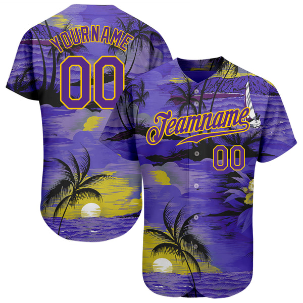 Custom White Light blue-yellow 3D Pattern Design Beach Hawaii Palm Trees and Island Authentic Baseball Jersey Youth Size:S