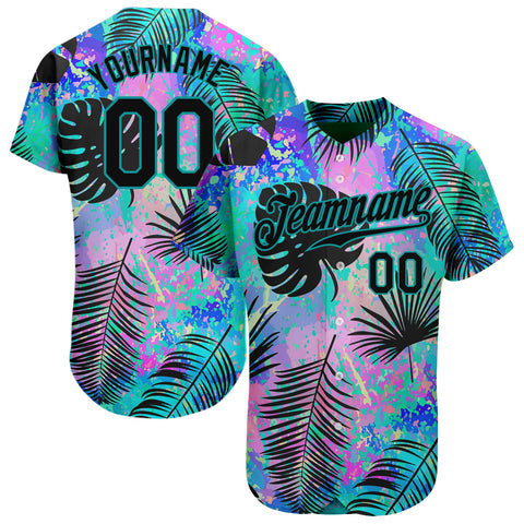 Custom 3D Pattern Baseball Jersey Teal Black Design Hawaii Palm Leaves ...