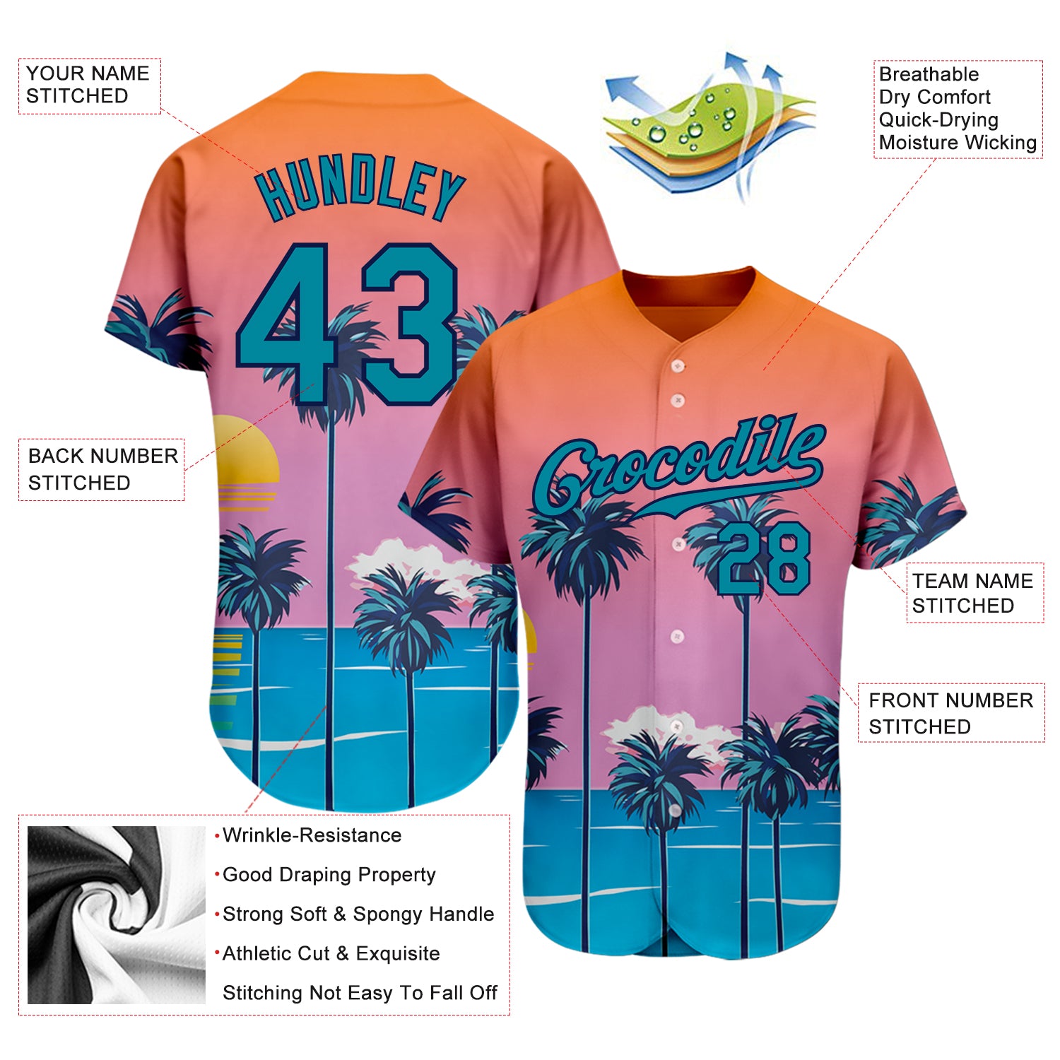 Custom Orange Teal-Navy 3D Pattern Design Sun Beach Hawaii Palm Trees Authentic Baseball Jersey