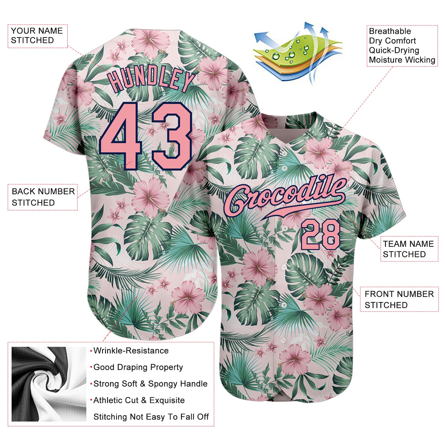 Custom White Medium Pink-Navy 3D Pattern Design Hawaii Palm Leaves And Flowers Authentic Baseball Jersey