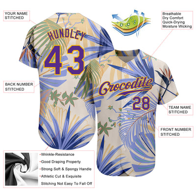 Custom White Purple-Gold 3D Pattern Design Hawaii Palm Leaves And Flowers Authentic Baseball Jersey