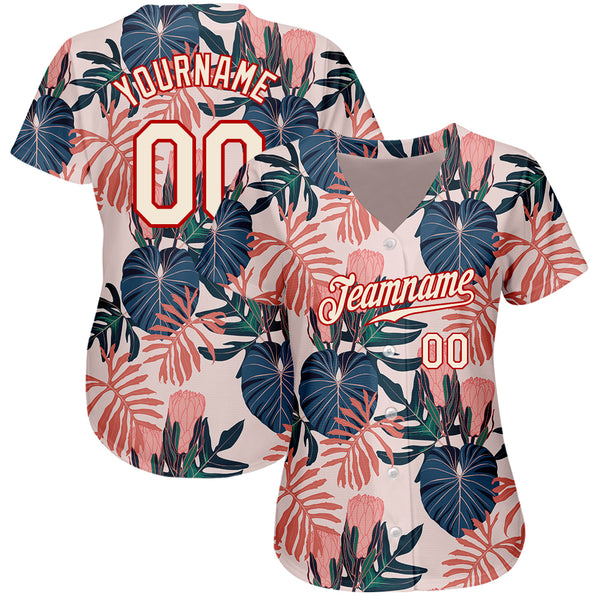 Custom Cream Red 3D Pattern Design Hawaii Palm Leaves and Flowers Authentic Baseball Jersey Women's Size:L