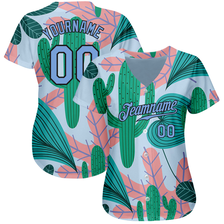 Custom Sky Blue Light Blue-Black 3D Pattern Design Cactus And Leaves Authentic Baseball Jersey