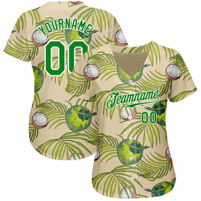 Custom Cream Grass Green-White 3D Pattern Design Coconuts And Leaves Authentic Baseball Jersey