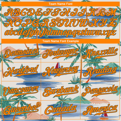 Custom White Bay Orange-Olive 3D Pattern Design Beach Coconut Palms Island And Sailboat Authentic Baseball Jersey