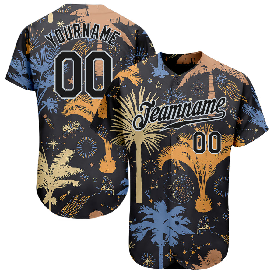 Custom Black Gold 3D Pattern Design Hawaii Palm Trees Island and Sailboat Authentic Baseball Jersey Men's Size:3XL