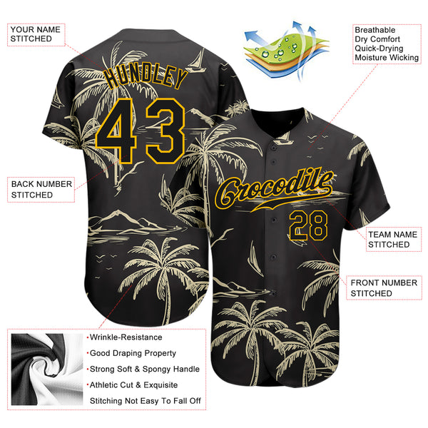 Custom Black Gold 3D Pattern Design Hawaii Palm Trees Island and Sailboat Authentic Baseball Jersey Men's Size:3XL