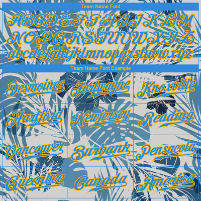 Custom White Electric Blue-Gold 3D Pattern Design Hawaii Palm Leaves And Flowers Authentic Baseball Jersey