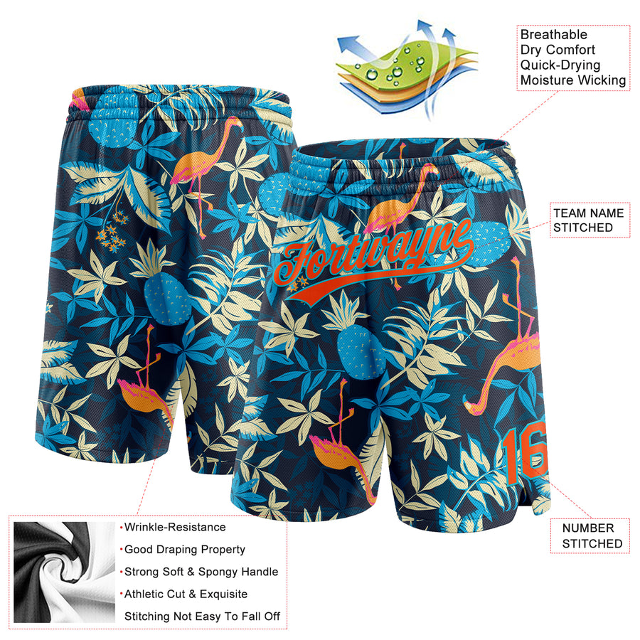 Custom Black Orange-Lakes Blue 3D Pattern Hawaii Palm Leaves And Flamingo Authentic Basketball Shorts