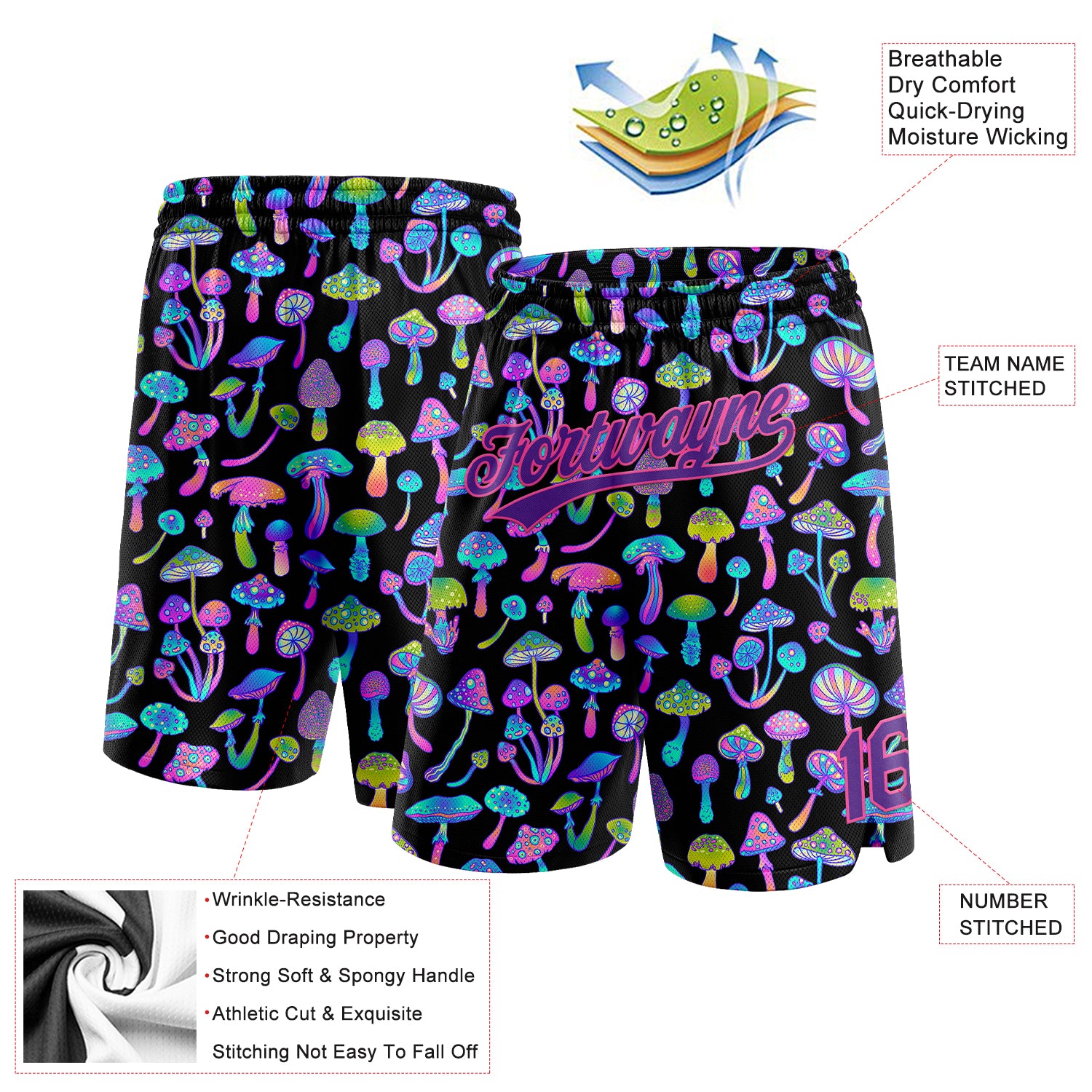 Custom Black Purple-Pink 3D Pattern Magic Mushrooms Psychedelic Hallucination Authentic Basketball Shorts