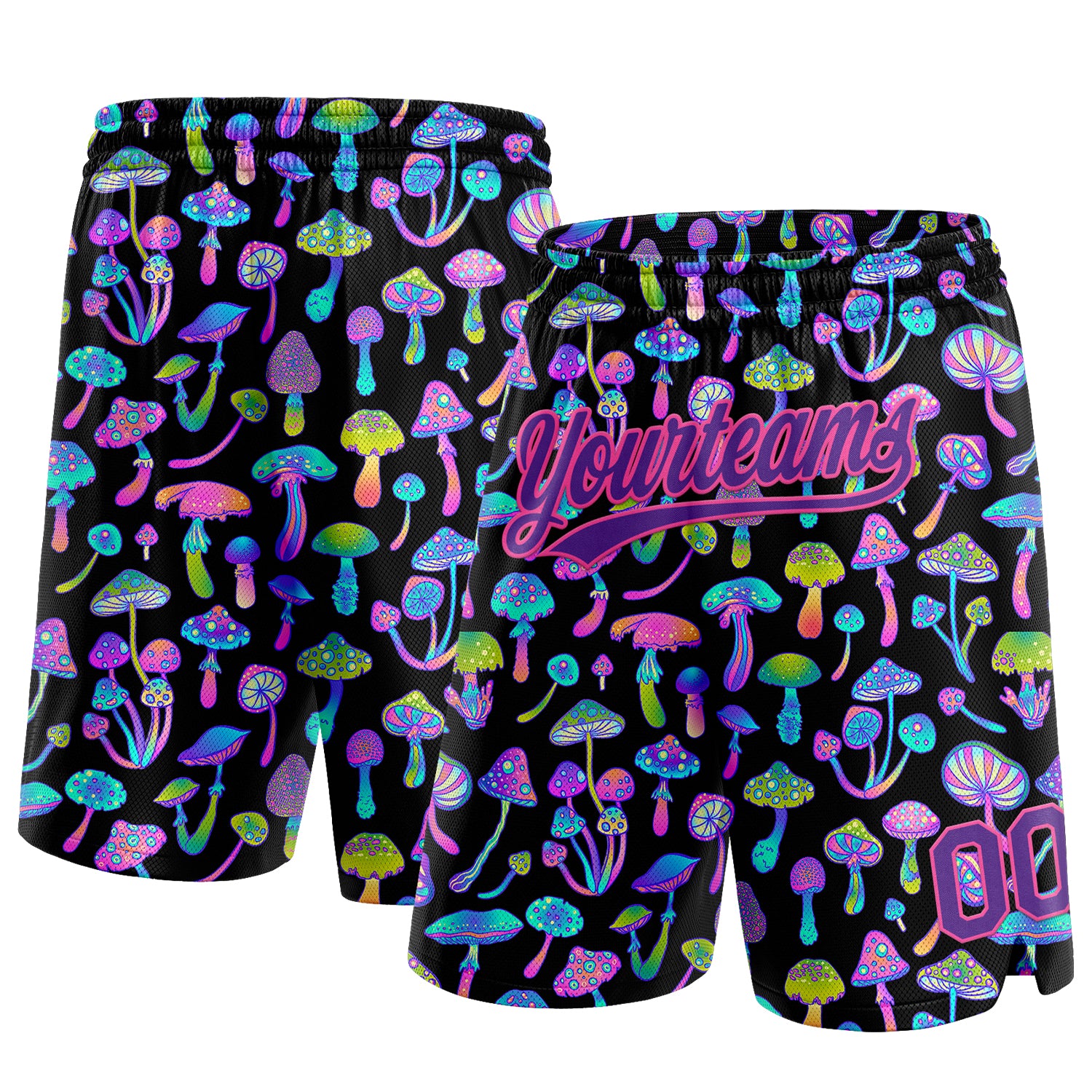 Custom Black Purple-Pink 3D Pattern Magic Mushrooms Psychedelic Hallucination Authentic Basketball Shorts