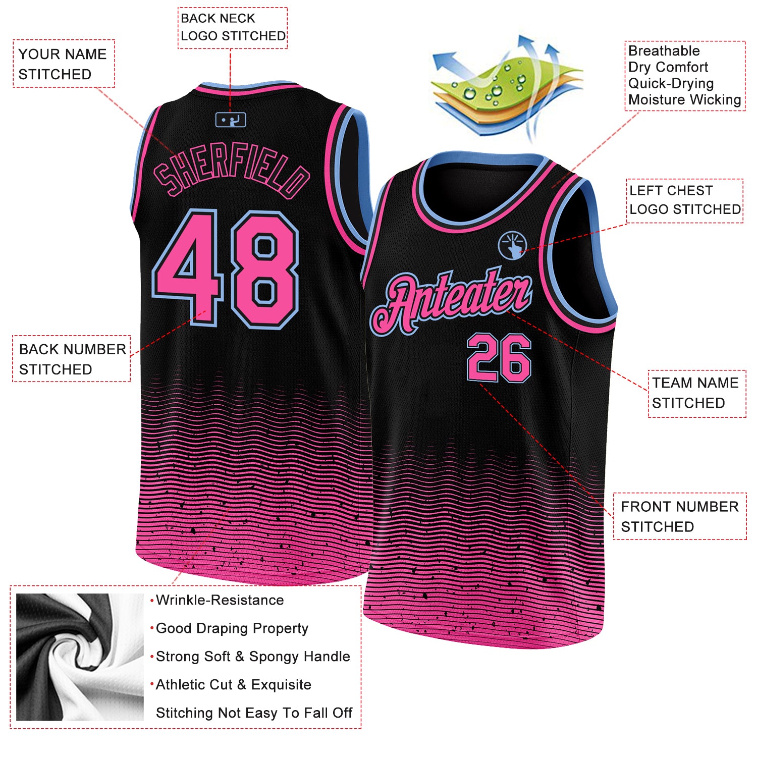 FANSIDEA Custom Basketball Jersey White Pink Black-Light Blue Authentic Throwback Men's Size:XL