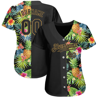 Custom Black Old Gold 3D Pattern Design Hawaii Tropical Pineapples, Palm Leaves And Flowers Authentic Baseball Jersey