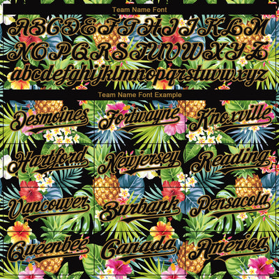 Custom Black Old Gold 3D Pattern Design Hawaii Tropical Pineapples, Palm Leaves And Flowers Authentic Baseball Jersey