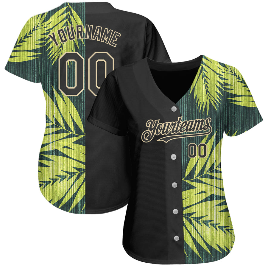 Custom Black City Cream 3D Pattern Design Hawaii Tropical Palm Leaves Authentic Baseball Jersey