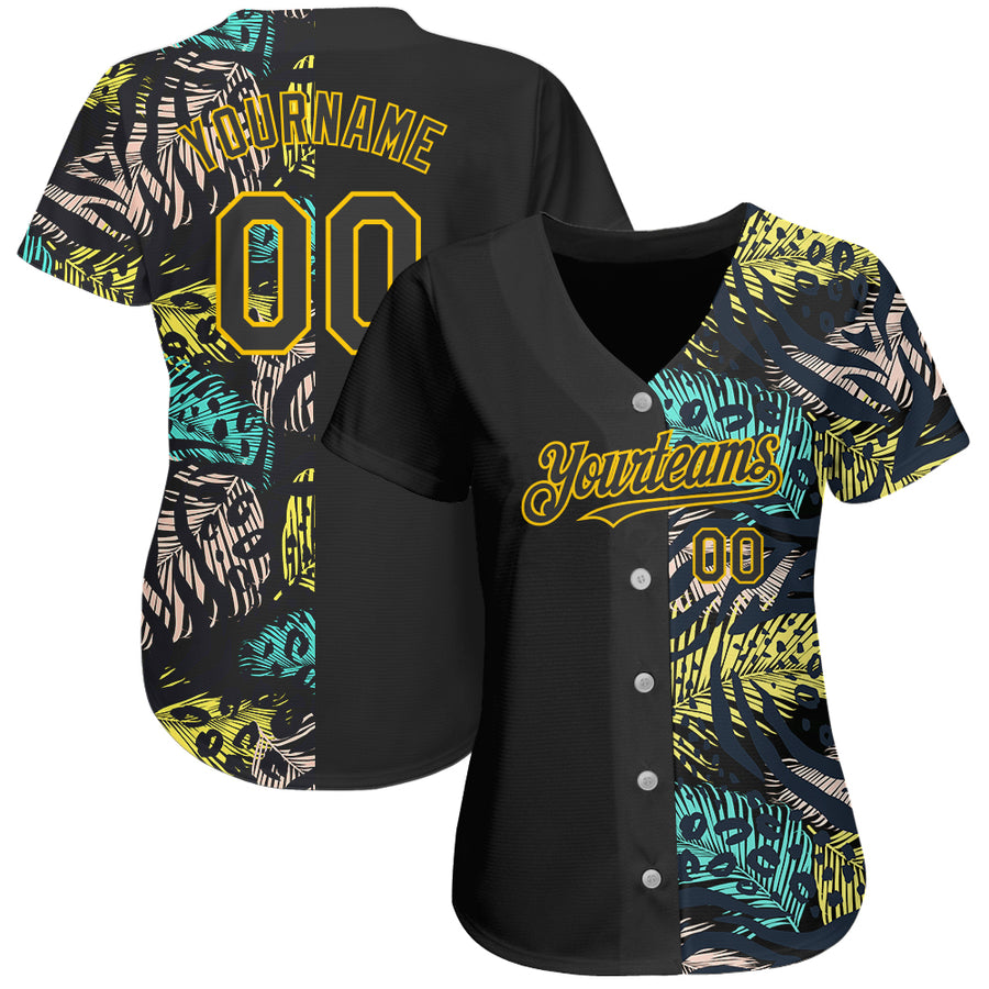 Custom 3D Pattern Baseball Jersey Black Old Gold Design Hawaii Tropical ...