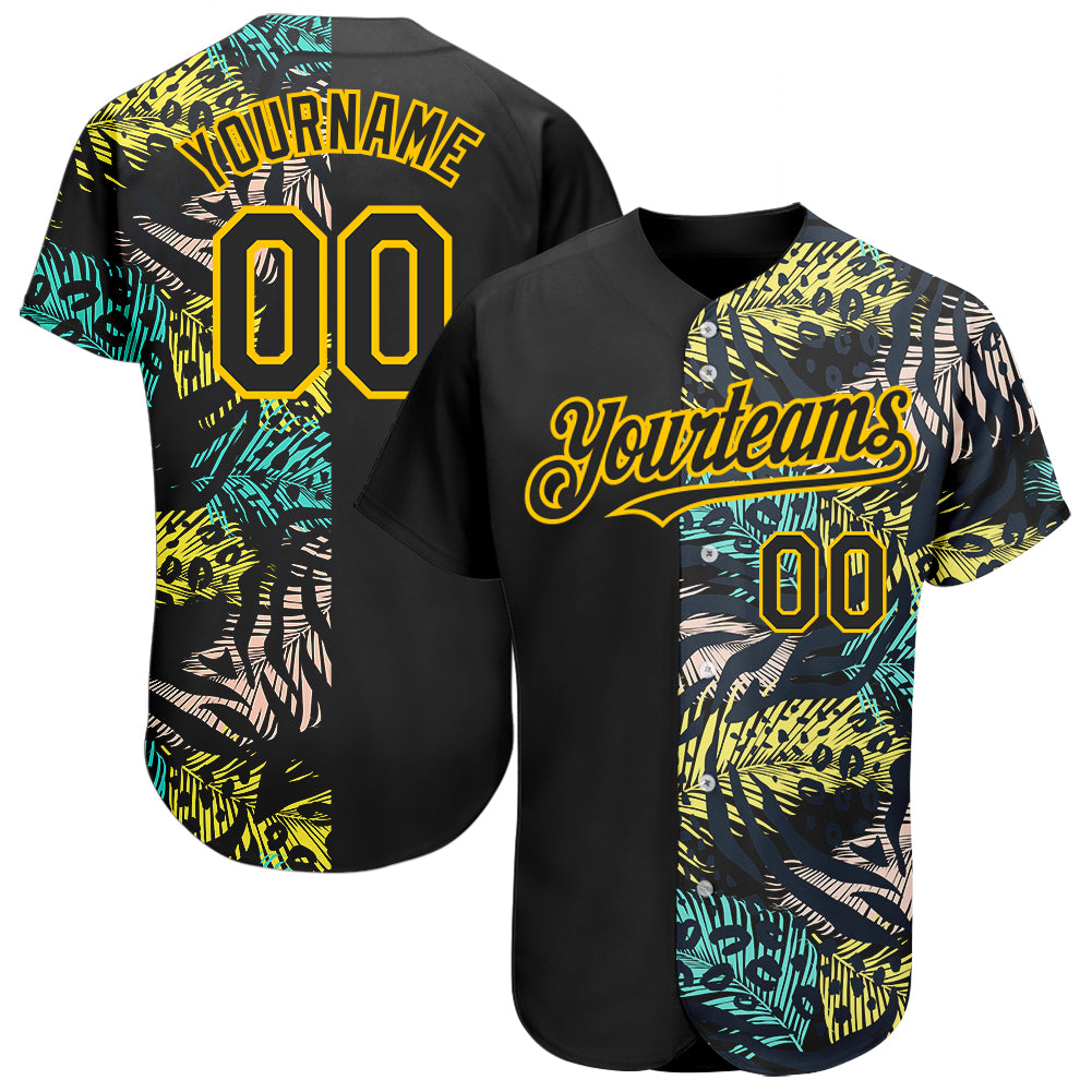 Custom Black Yellow 3D Pattern Design Hawaii Tropical Palm Leaves With Animal Print Authentic Baseball Jersey