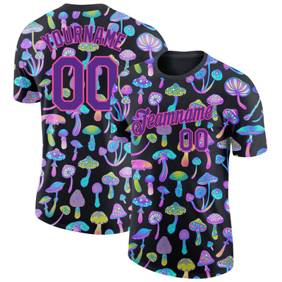 Custom Black Purple-Pink 3D Pattern Design Magic Mushrooms Psychedelic Hallucination Performance T-Shirt