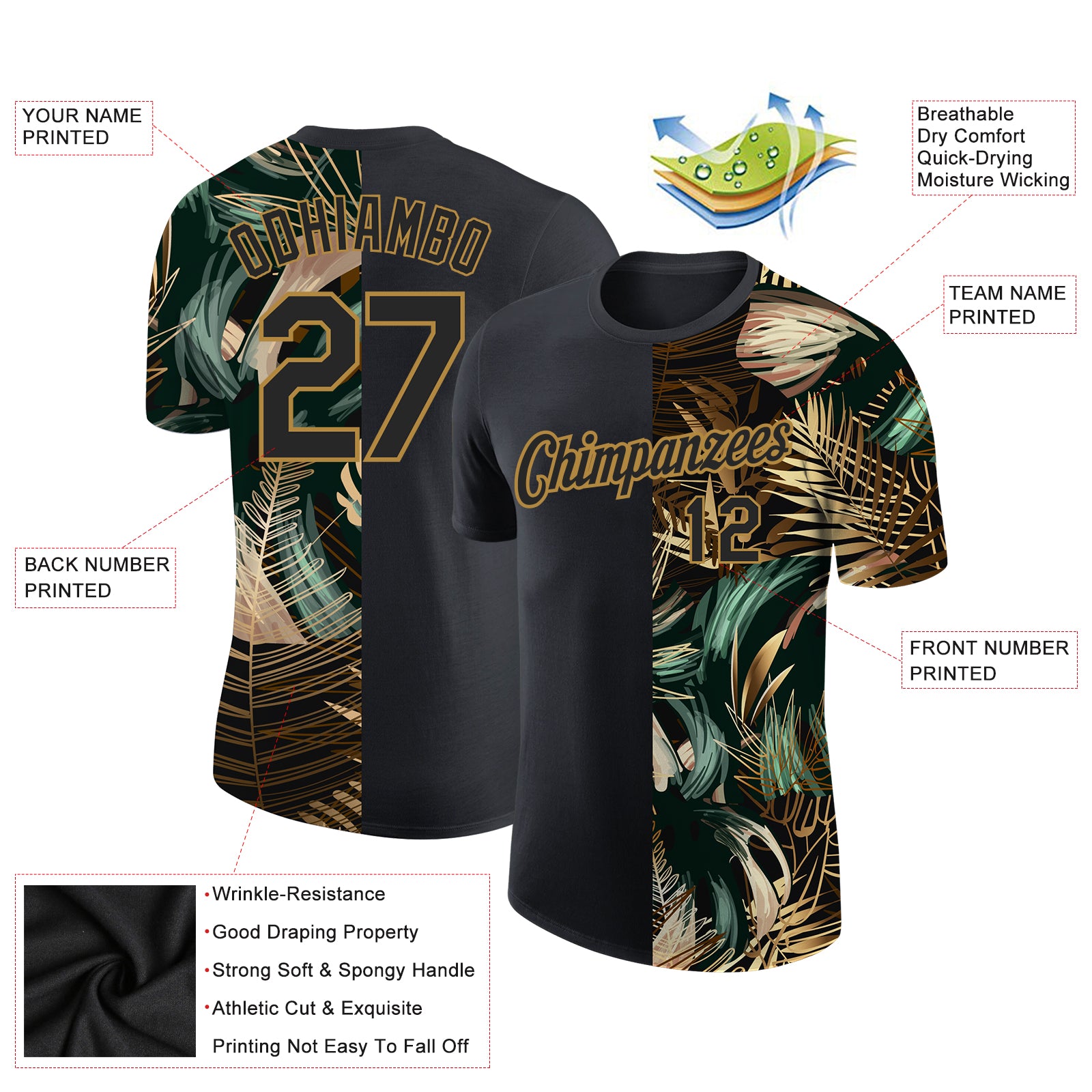 Custom Black Old Gold 3D Pattern Design Golden And Green Tropical Leaves In The Style Of Jungle And Hawaii Performance T-Shirt