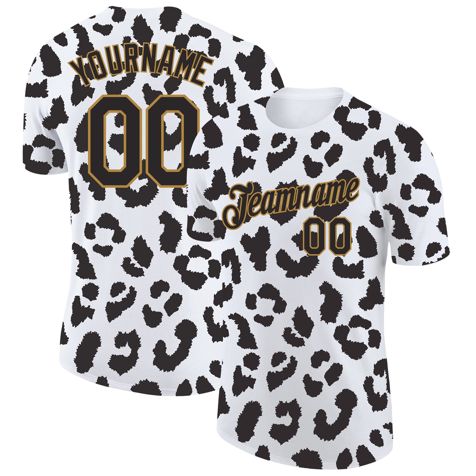 Custom White Black-Old Gold 3D Pattern Design Leopard Performance T-Shirt