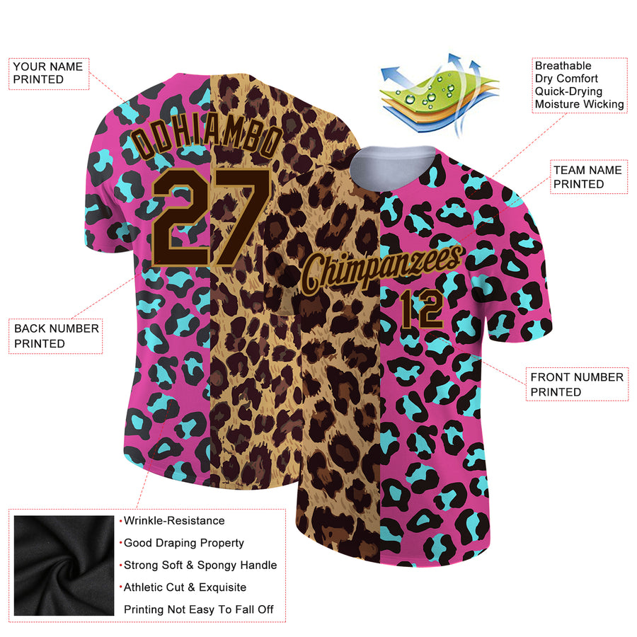 Custom Pink Brown-Old Gold 3D Pattern Design Leopard Performance T-Shirt