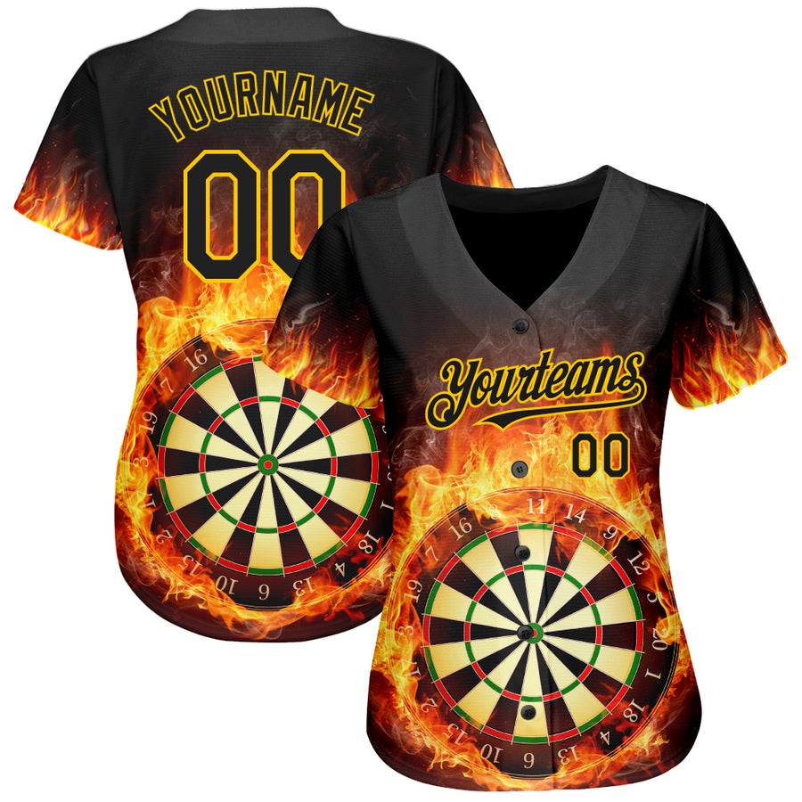 Custom Black Gold 3D Pattern Design Flame Dart Board Authentic Baseball Jersey