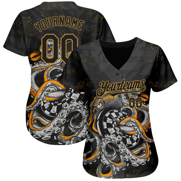 Custom Black Black-Old Gold 3D Pattern Design Tiger And Peacock Authentic  Baseball Jersey