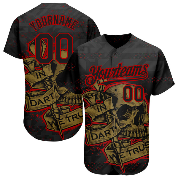 Custom 3D Pattern Baseball Jersey Black Black Red-Old Gold Design