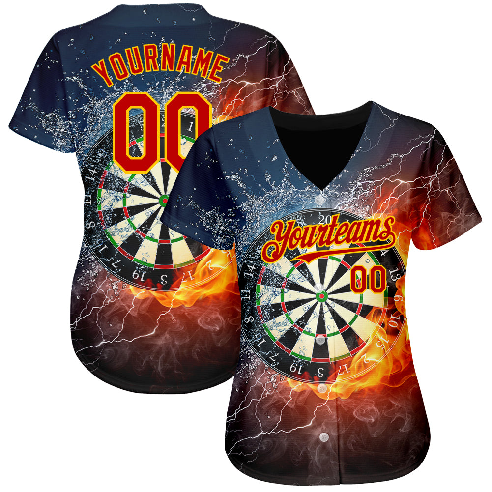 Custom Black Red-Gold 3D Pattern Design Flame Dart Board Authentic Baseball Jersey